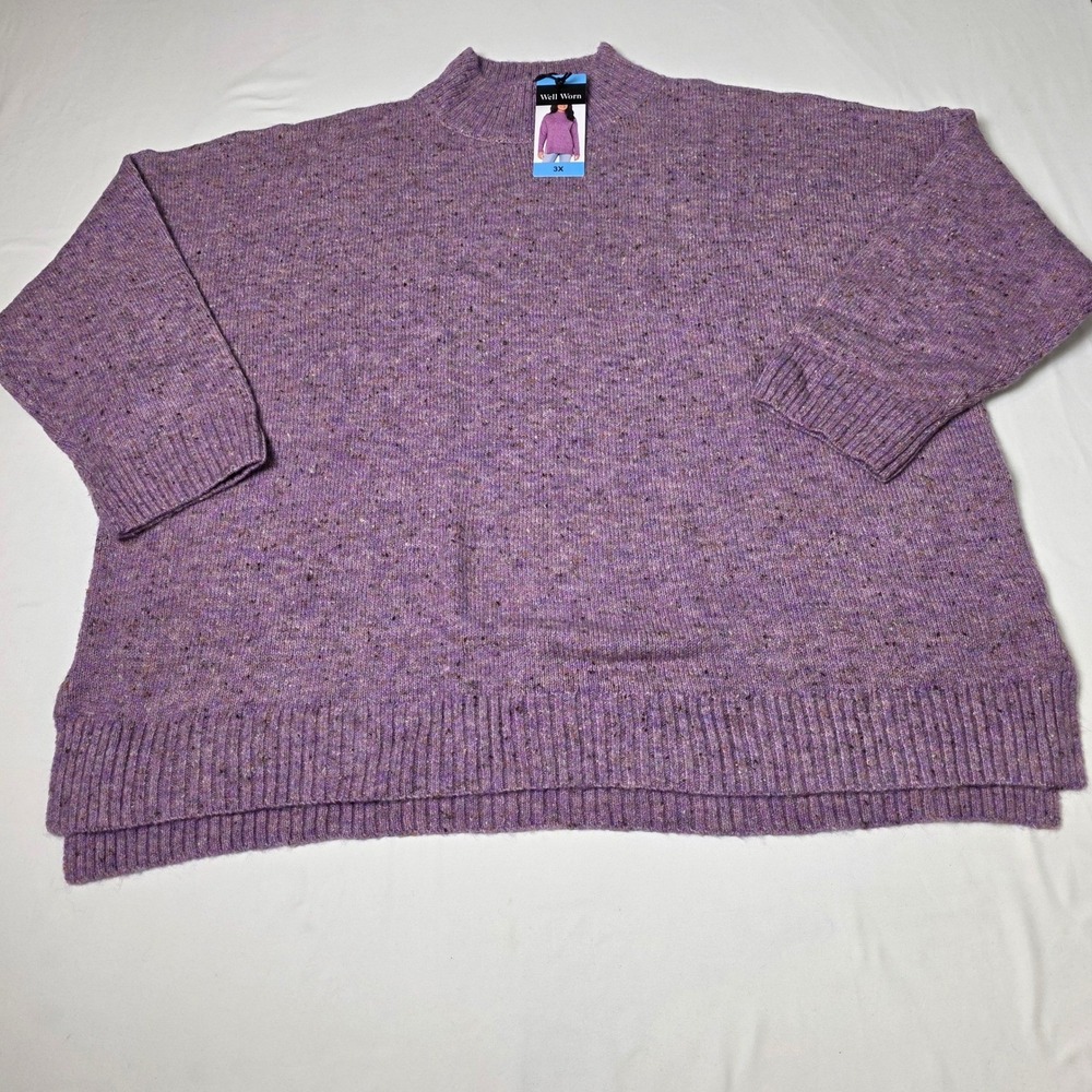 Well Worn Sweater Womens 3X Speckled Purple Mock Neck Flecked Knit Split Hem NWT